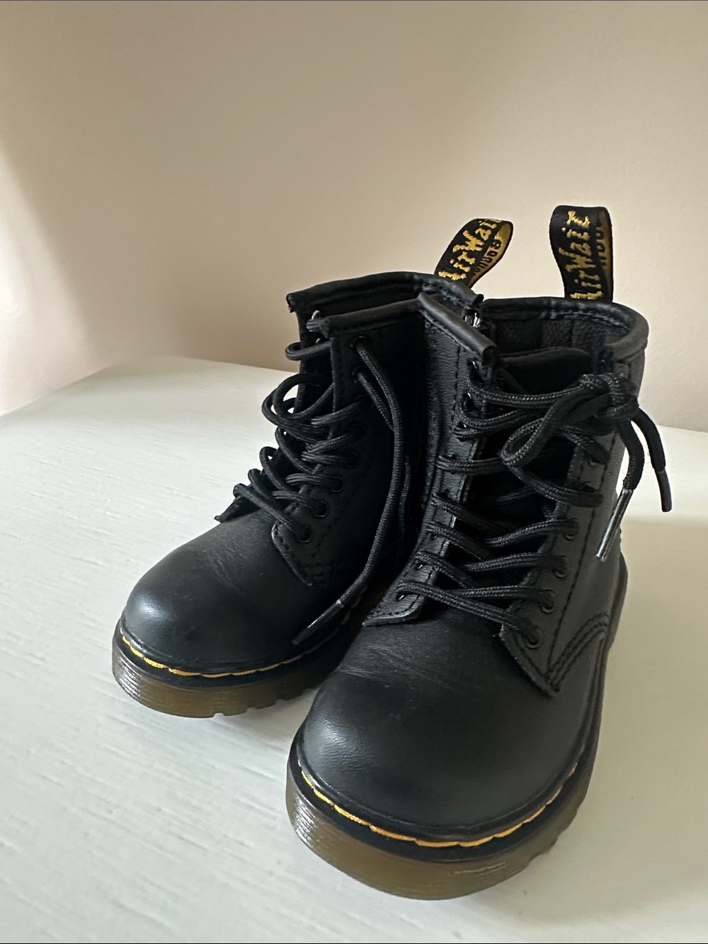 Dr. Martens Black Lace-Up Combat Boots with Yellow Stitching